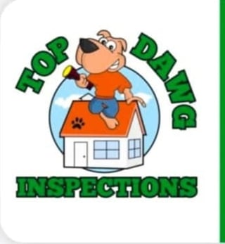 Cartoon dog in orange shirt standing on a house with Home Dawg Inspections text in green